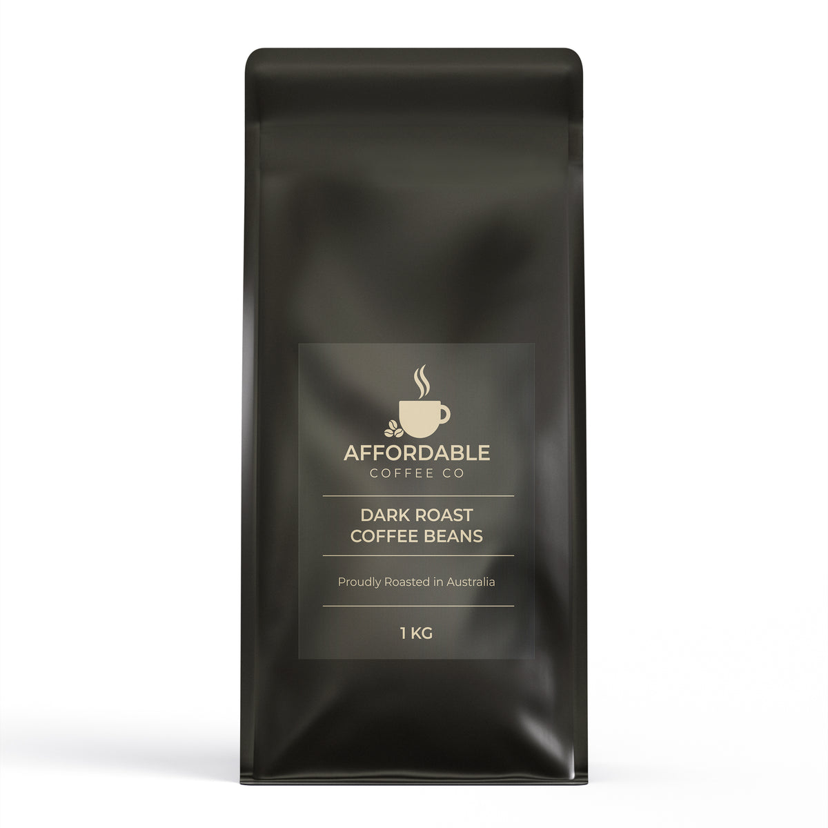 Black plastic bag of Affordable Coffee Co Dark Roast Coffee Beans 1 kg on a white background.